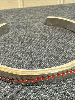 Silver Cuff Bracelet with Baseball Red Stitch Detail